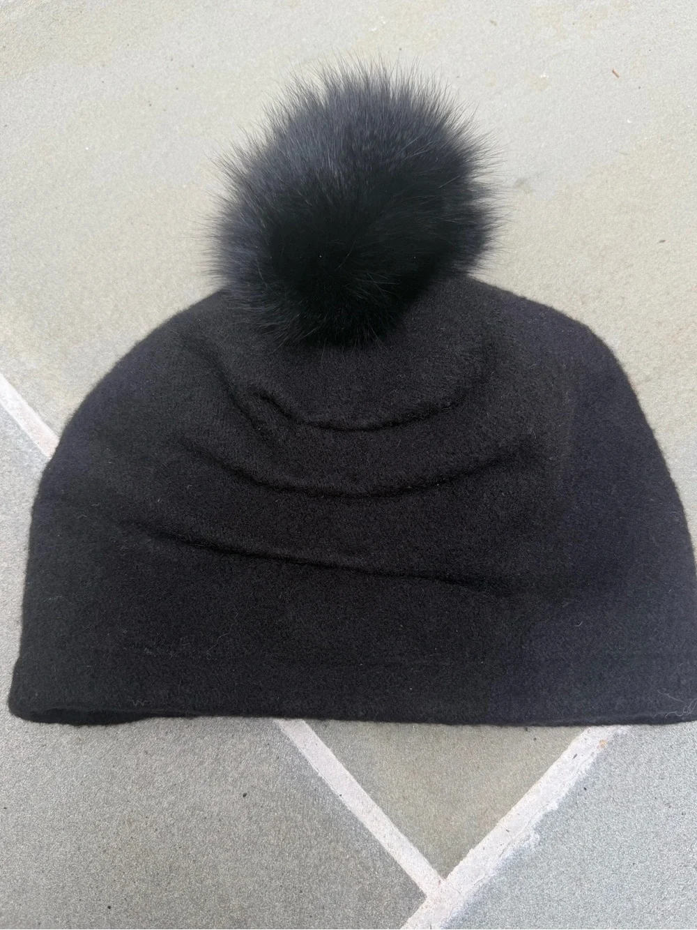 Helene Berman Black Wool Beanie Hat Real Fox Fur Pom Pom Pleated Detail